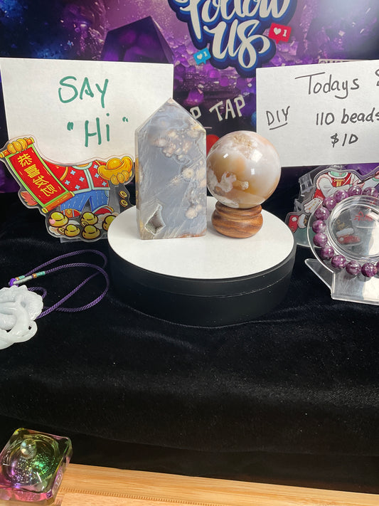 Flower Agate tower and sphere